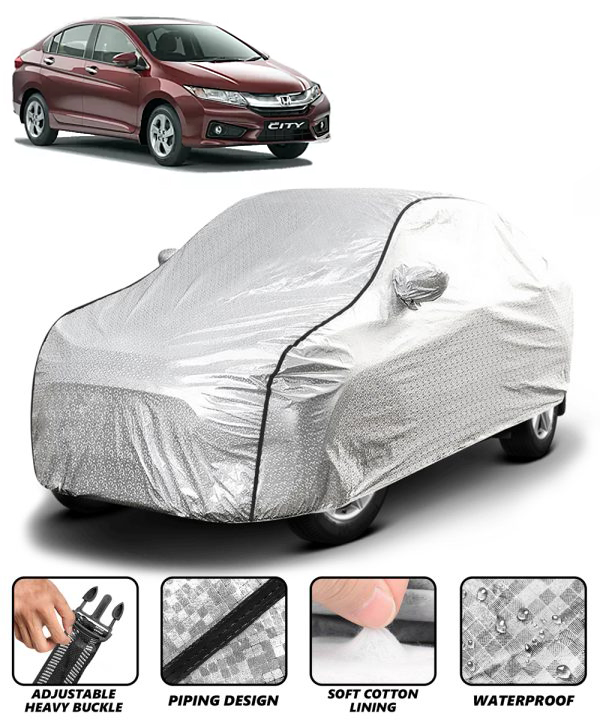 Carzex Waterproof & Heat Resistant Metallic Silver With Black Border Car Body Cover with Mirror Pockets For Honda City 2014